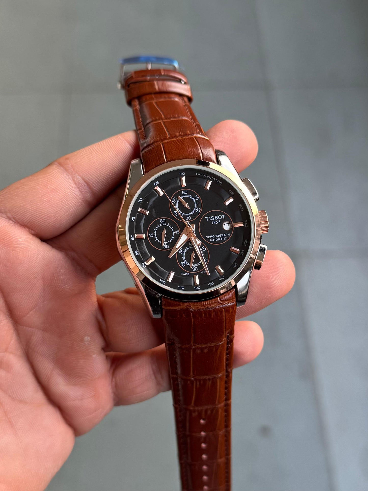 Tisso Leather Regular Two Tone Black Dial Brown Belt