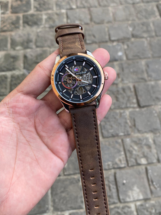 TOM-Y TWO TONE BLACK DIAL BROWN LEATHER AUTOMATIC WATCH