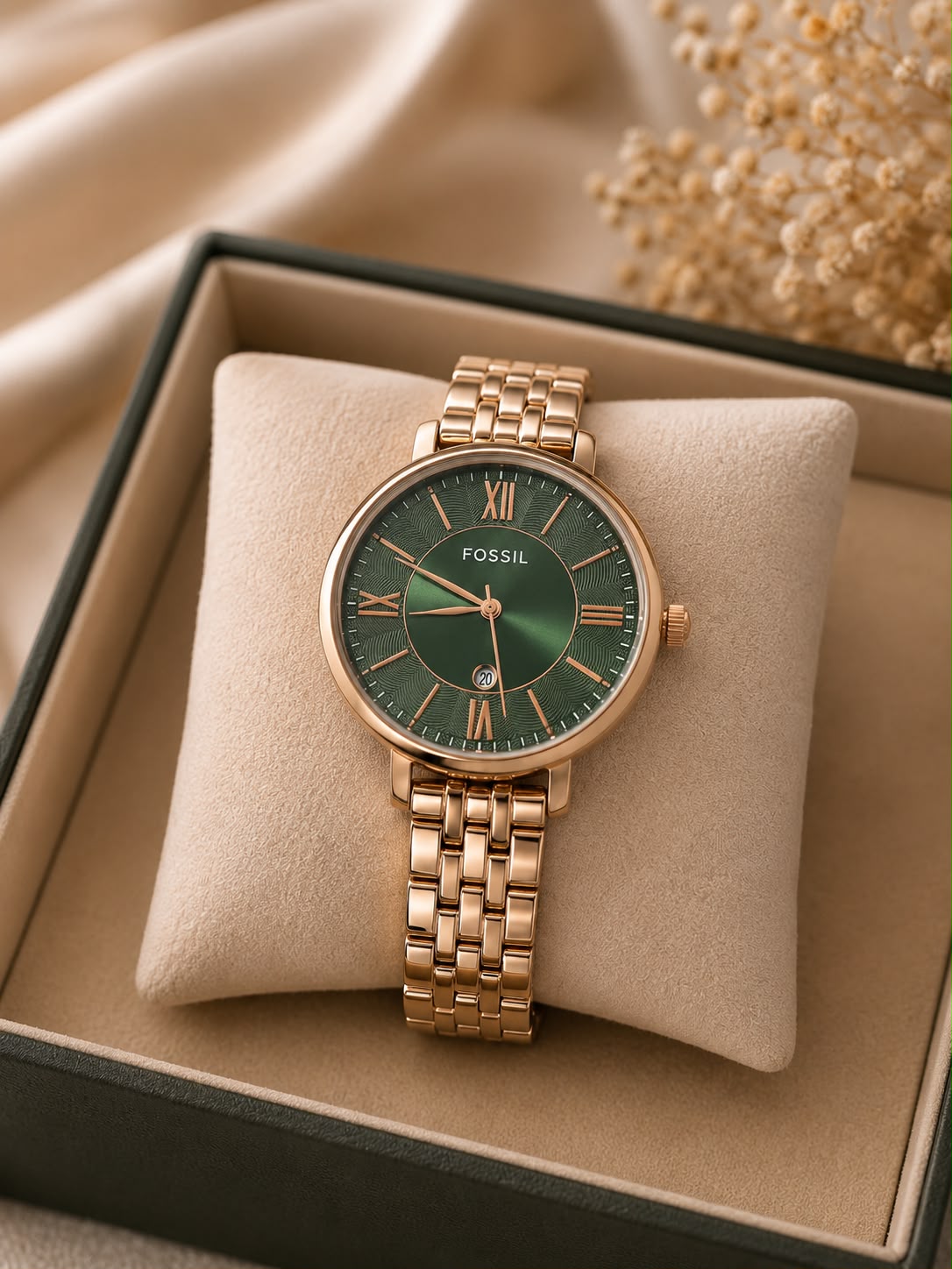 Foss Girls Roman Date Model Rose Green Dial Womens Watch