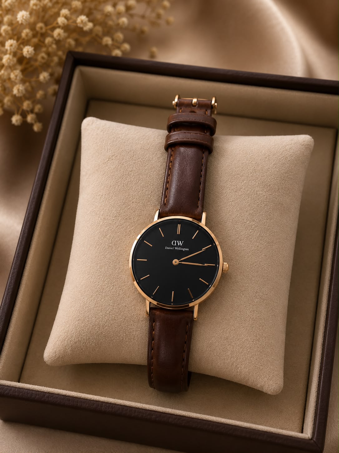 Brown Leather belt women watch
( Rose gold body black dial )