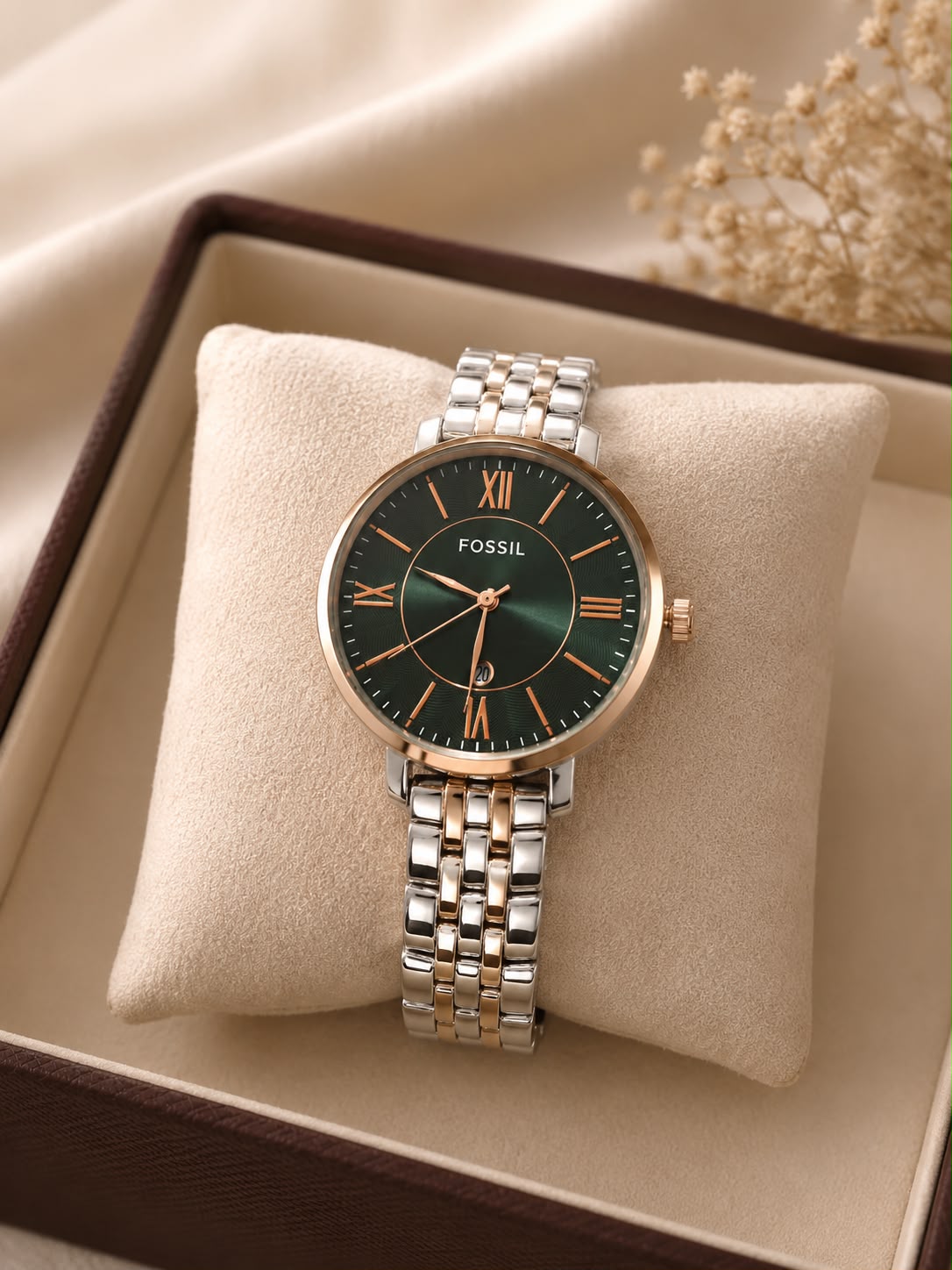 Foss Girls Roman Date Model Two Tone Green Dial Womens Watch