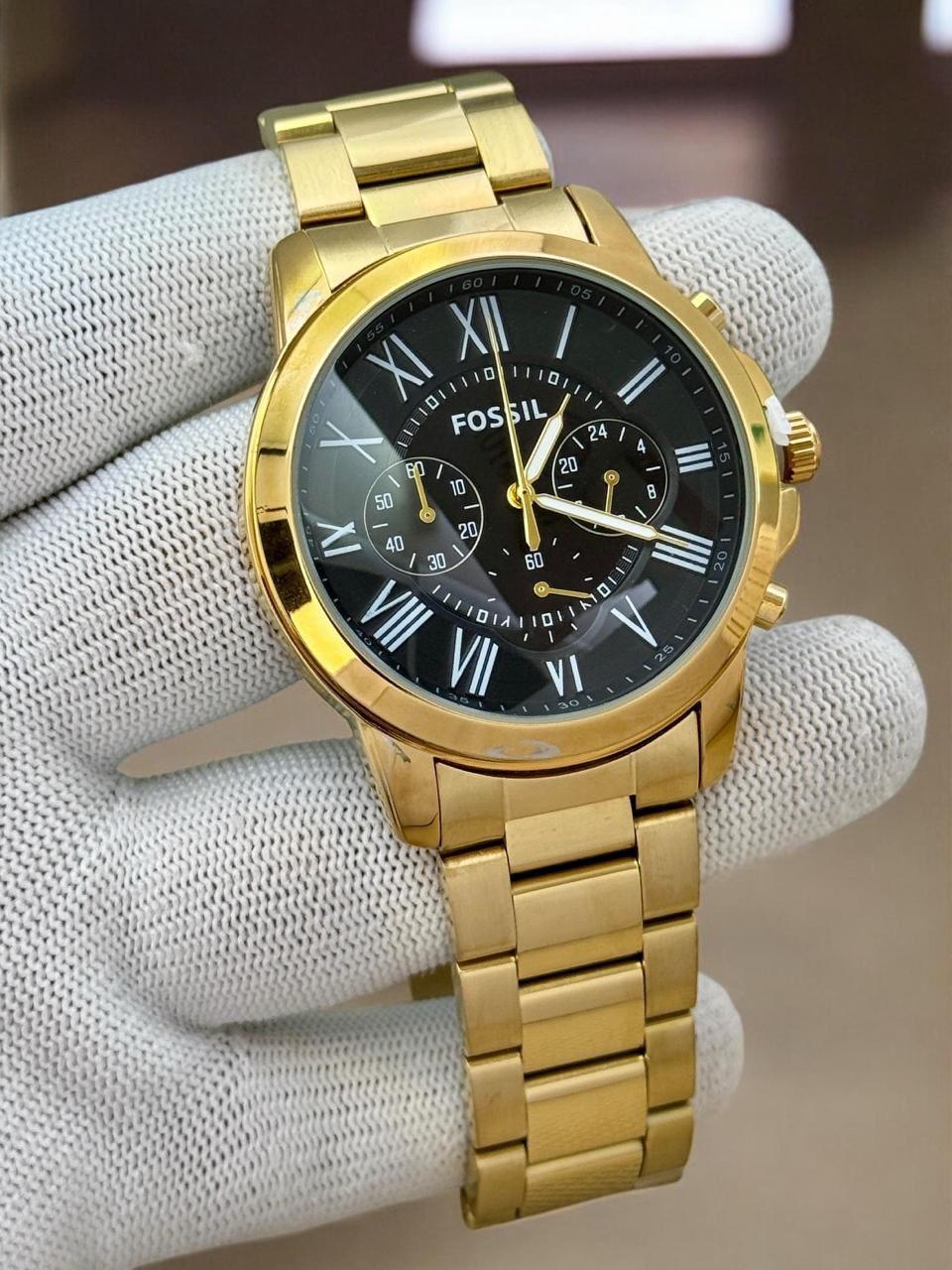 Fos Roman Dial Gold Black Watch ( Battery Operated )