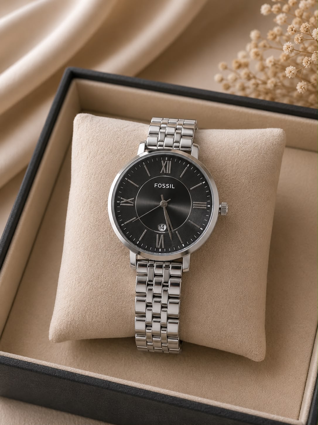 Foss Girls Roman Date Model Silver Black Dial Womens Watch