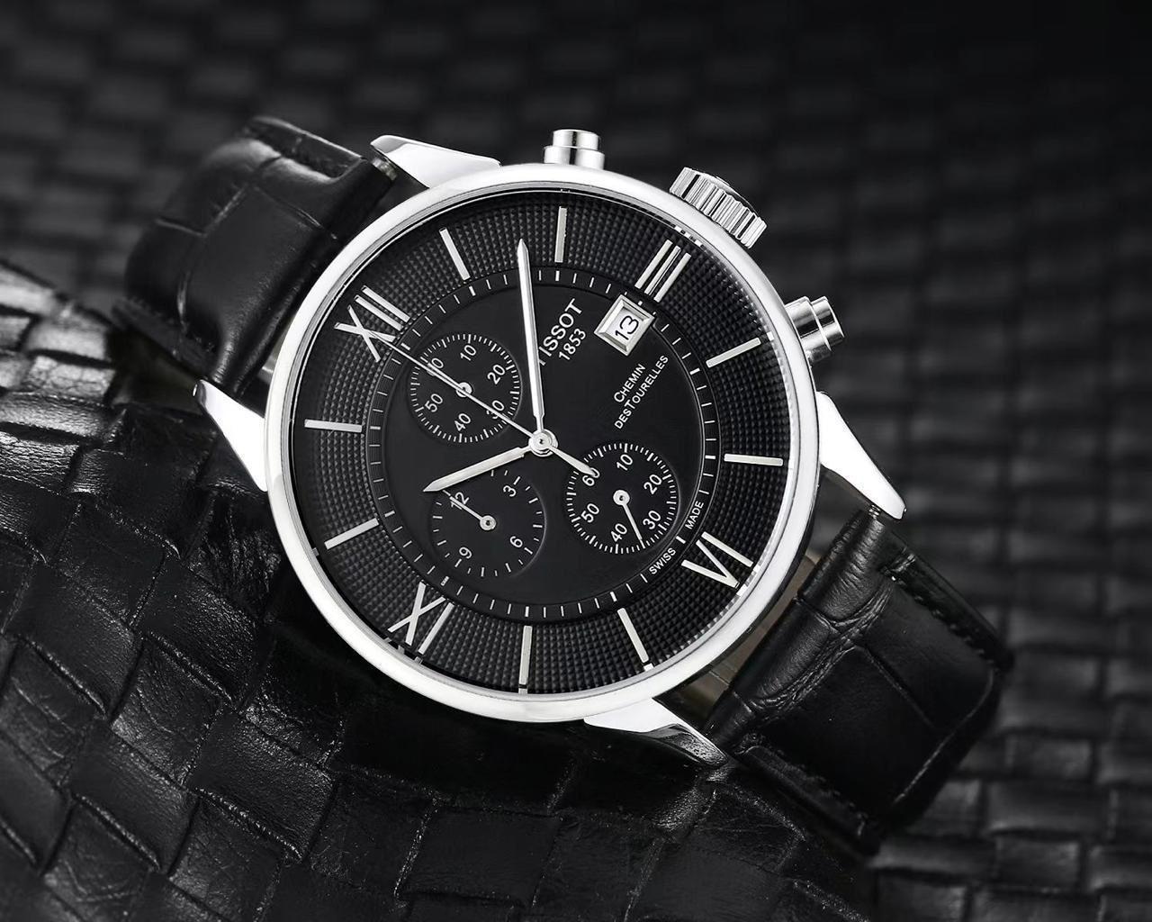 TISSO Black LEATHER BELT ROMAN Silver Black DIAL CHRONOGRAPH WATCH