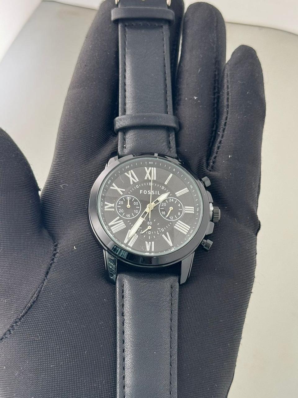Fos Roman Dial Full Black Leather Watch ( Battery Operated )