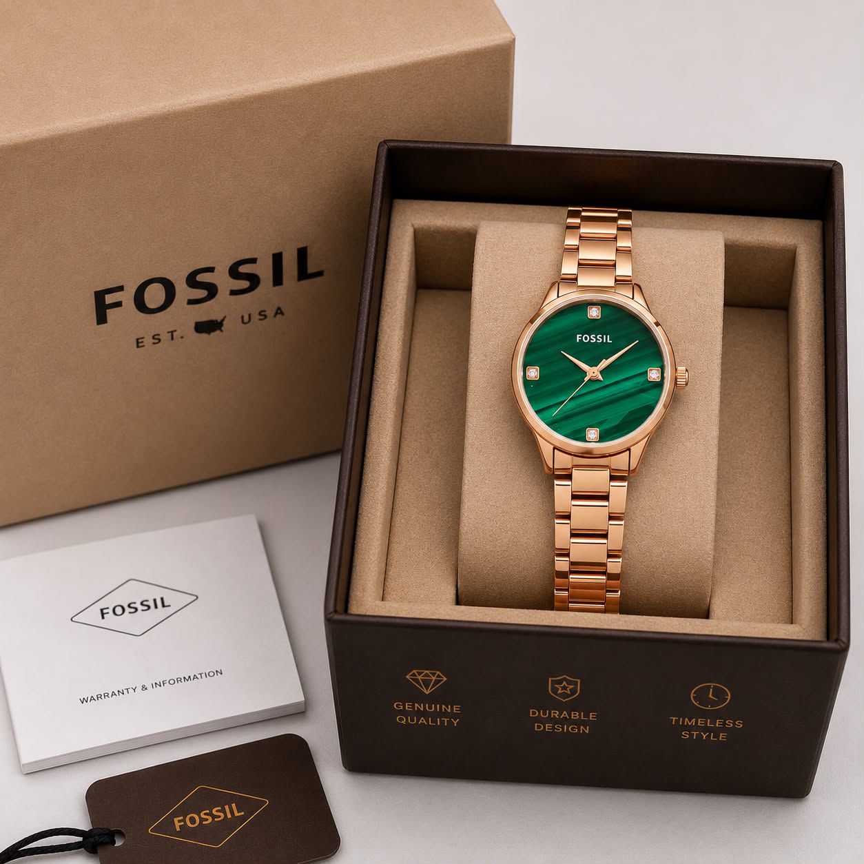 Fos Girls New Model full rose gold belt green dial watch
