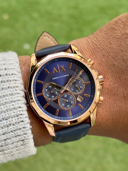 A-X ROSE GOLD BODY BLUE BELT CHRONOGRAPH LEATHER WATCH