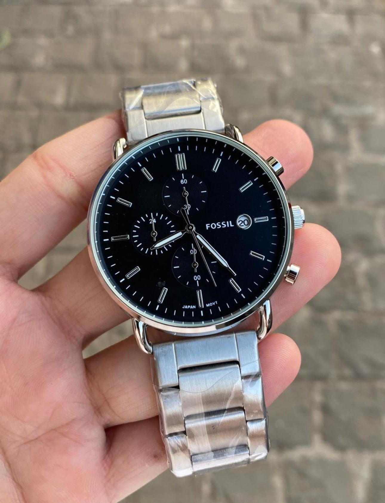 FOS COMUTER CHAIN SILVER BODY BLACK DIAL WATCH