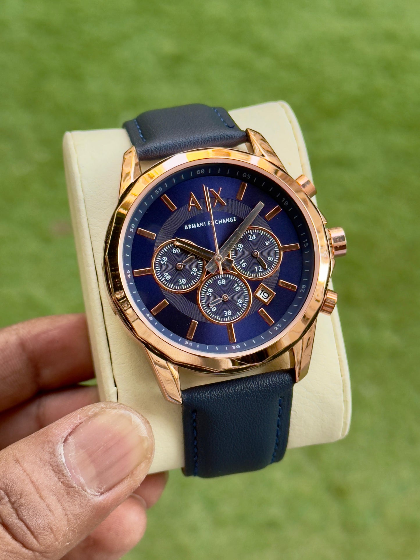 A-X ROSE GOLD BODY BLUE BELT CHRONOGRAPH LEATHER WATCH