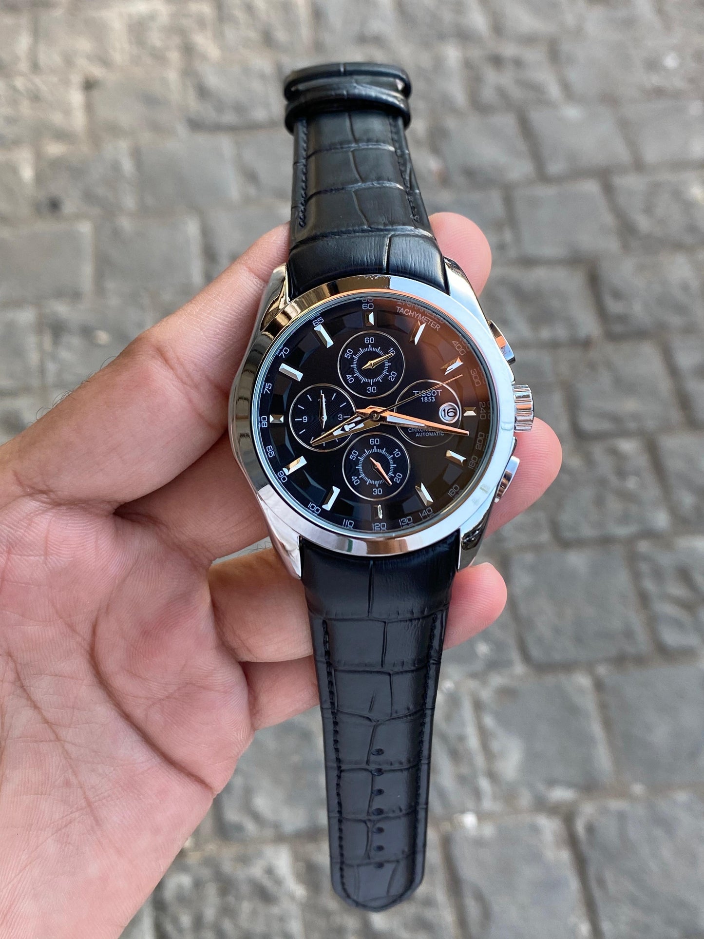 Tisso Leather Regular Silver Body Black Belt Black Dial