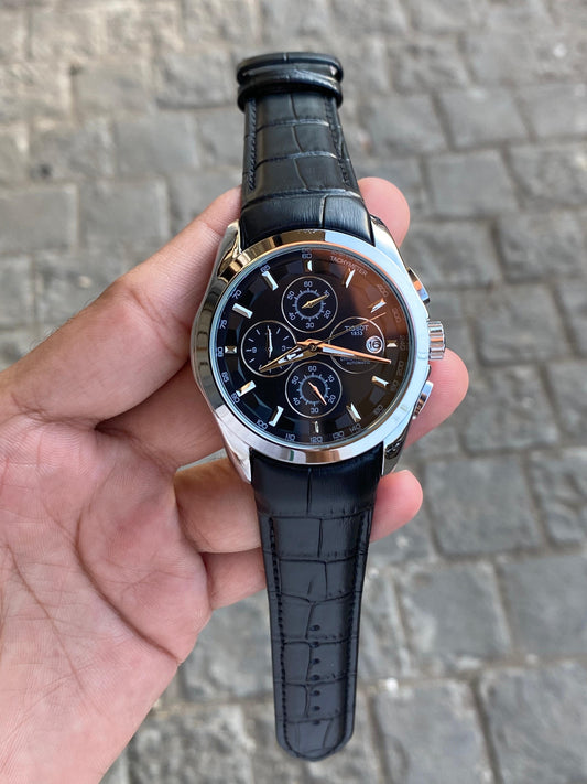 Tisso Leather Regular Silver Body Black Belt Black Dial