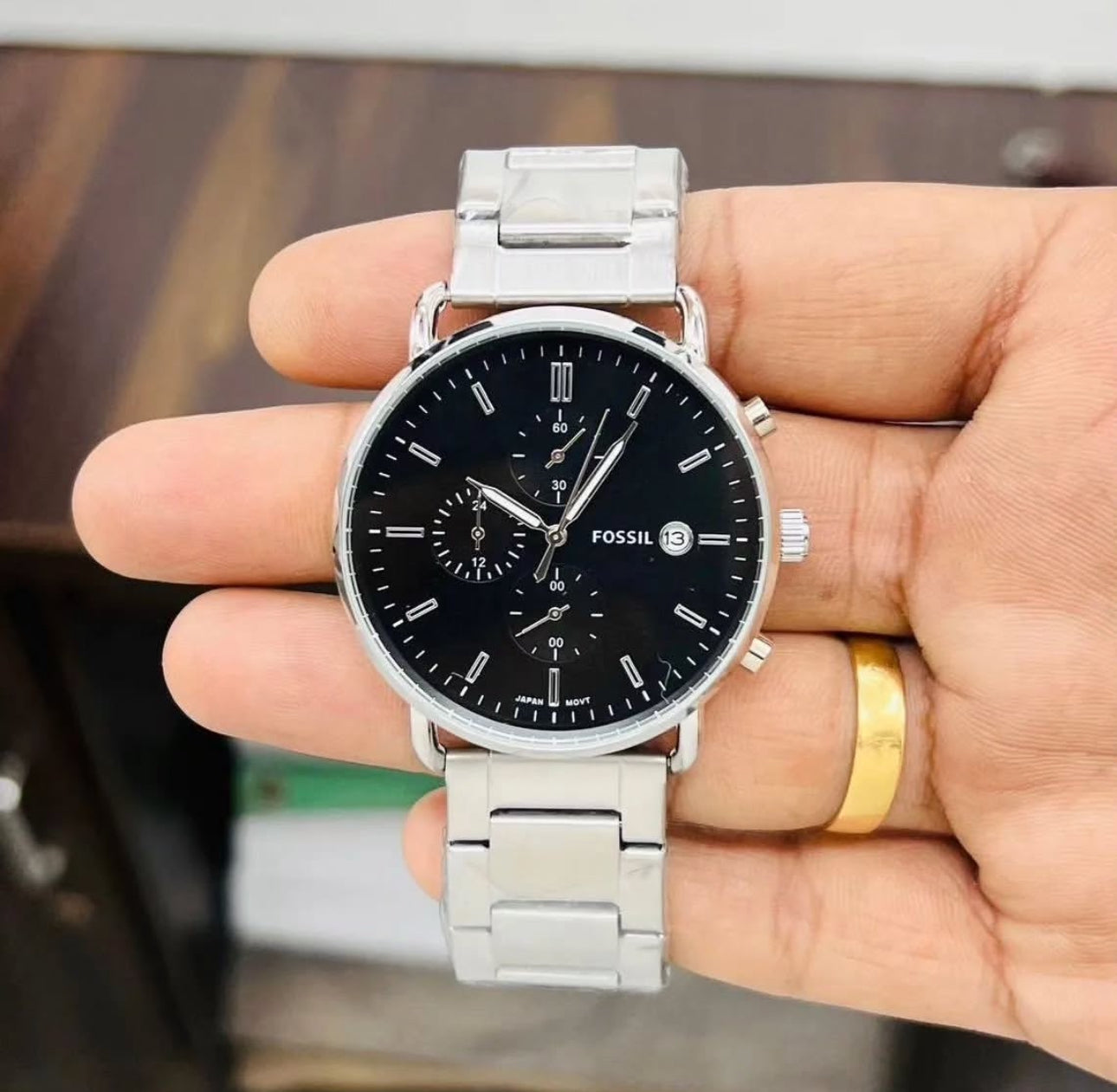 FOS COMUTER CHAIN SILVER BODY BLACK DIAL WATCH