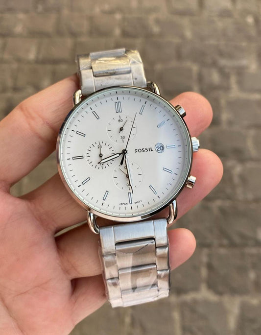 FOS COMUTER CHAIN SILVER BODY WHITE  DIAL WATCH