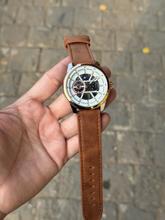 TOM-Y TWO TONE WHITE  DIAL BROWN LEATHER AUTOMATIC WATCH
