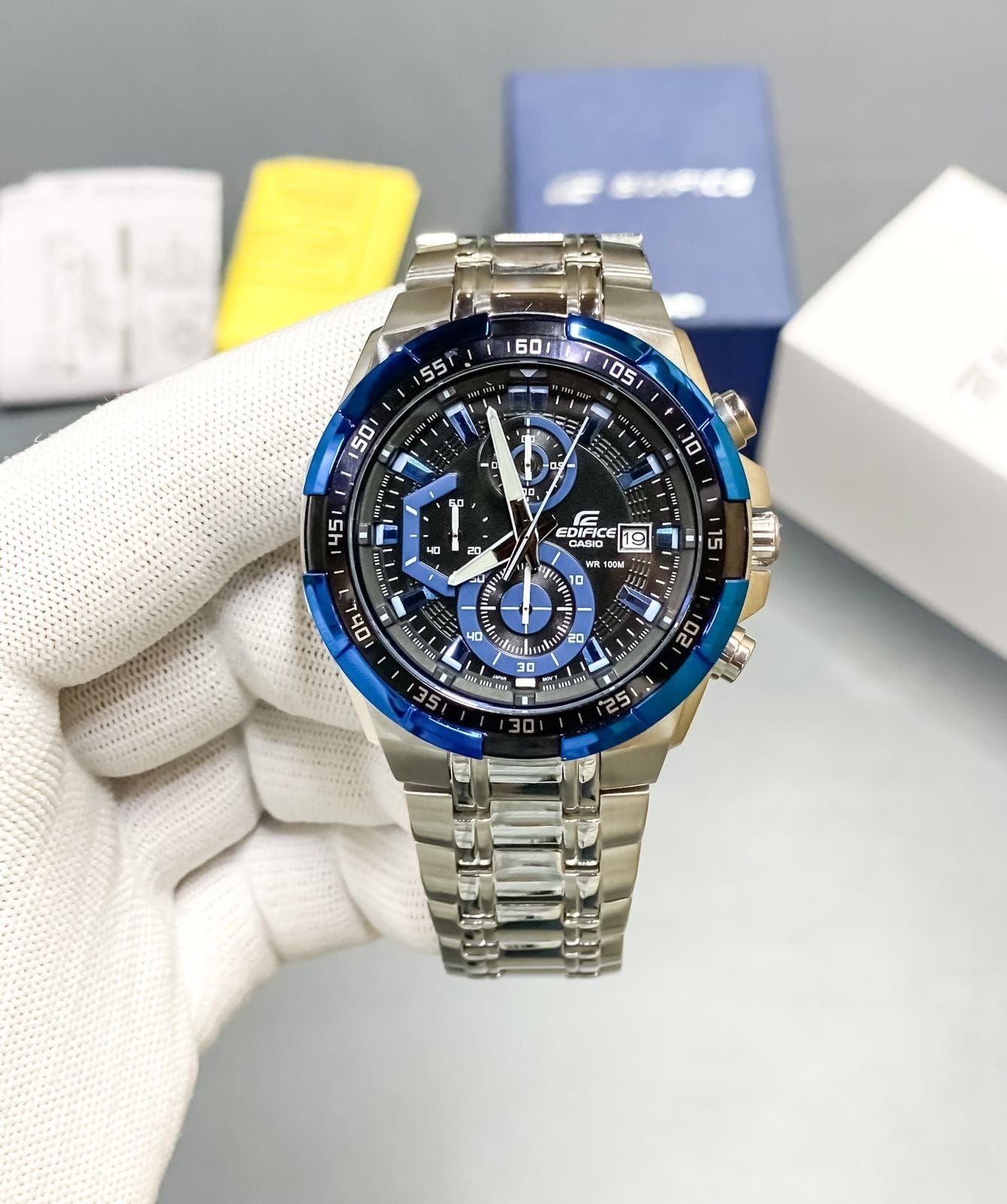 Edfce Silver Blue Dial Chronographic Watch