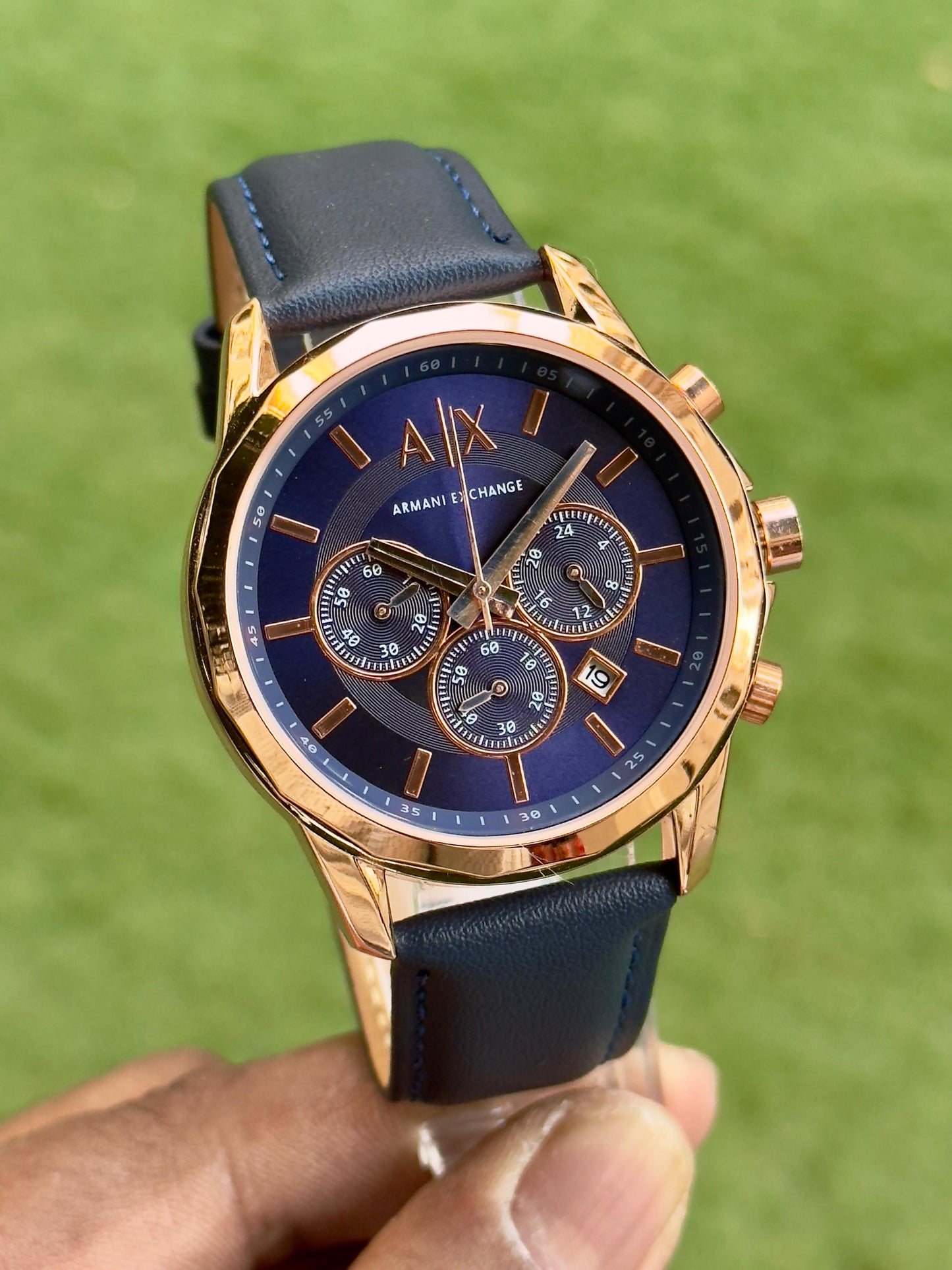 A-X ROSE GOLD BODY BLUE BELT CHRONOGRAPH LEATHER WATCH