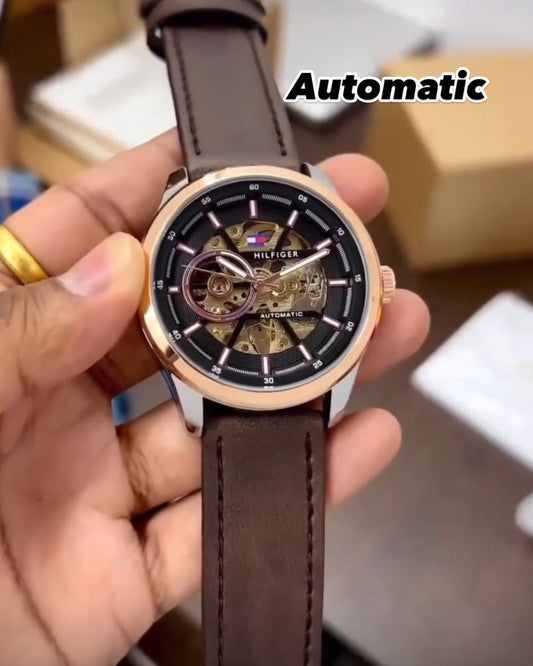 TOM-Y TWO TONE BLACK DIAL BROWN LEATHER AUTOMATIC WATCH