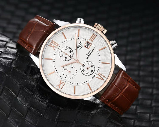 SB PREMIUM TISSO BROWN LEATHER BELT ROMAN WHITE DIAL CHRONOGRAPH WATCH