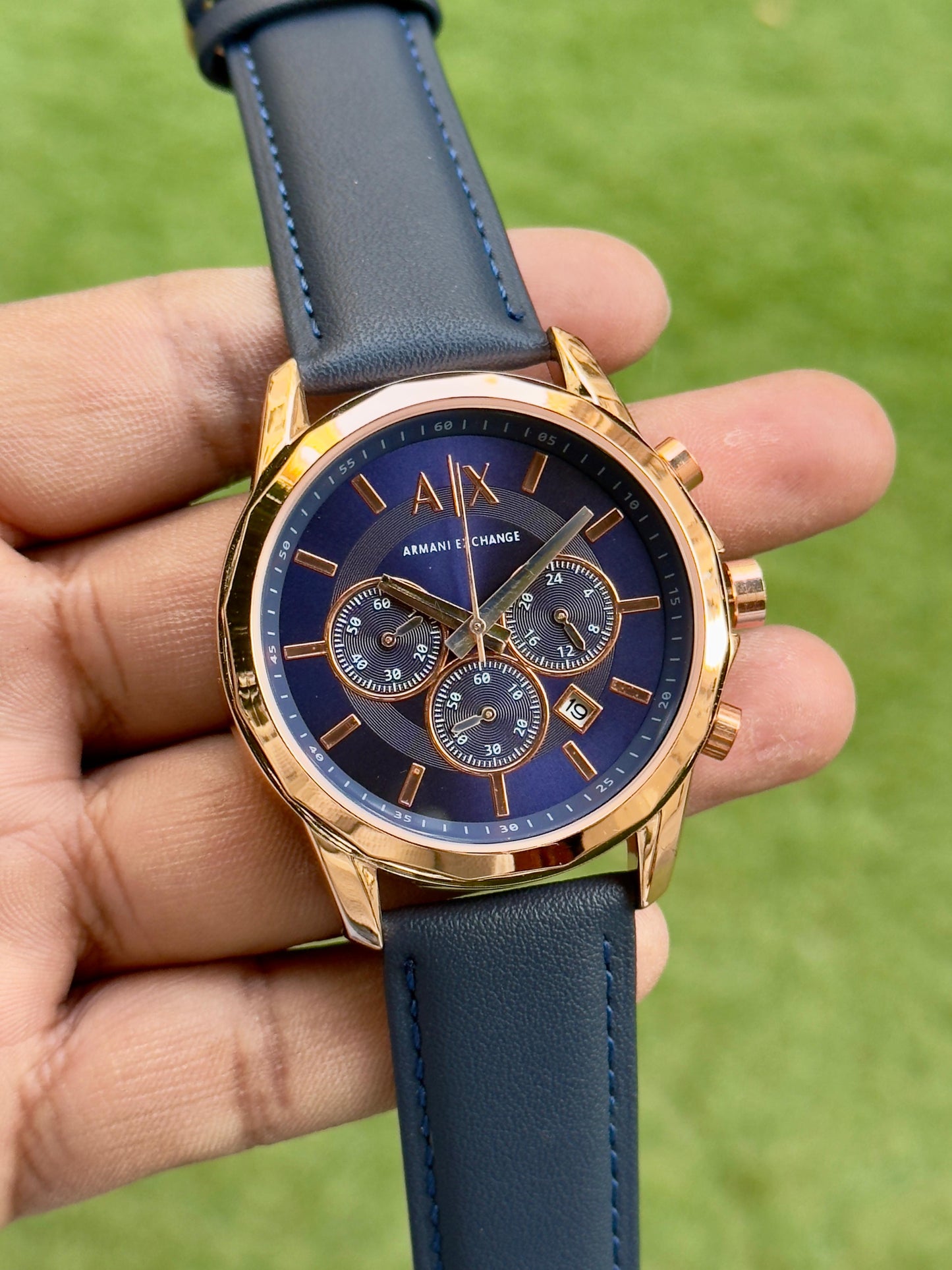 A-X ROSE GOLD BODY BLUE BELT CHRONOGRAPH LEATHER WATCH