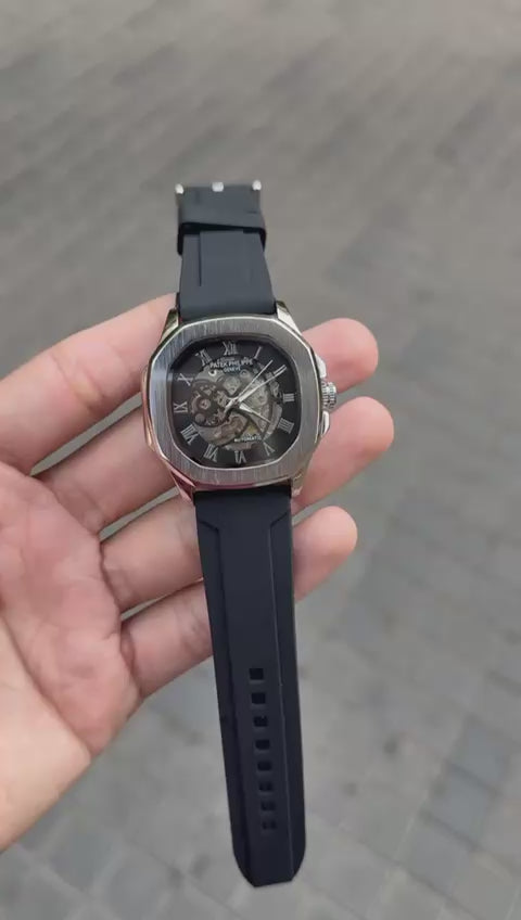 PP AUTO ROMAN NUMBER SILVER DIAL BLACK BELT