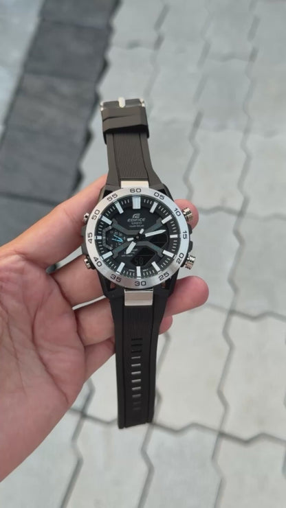 EDIFCE 1st JAPNESE QUALITY SILVER BLK  SHADE SILCION BELT WATCH