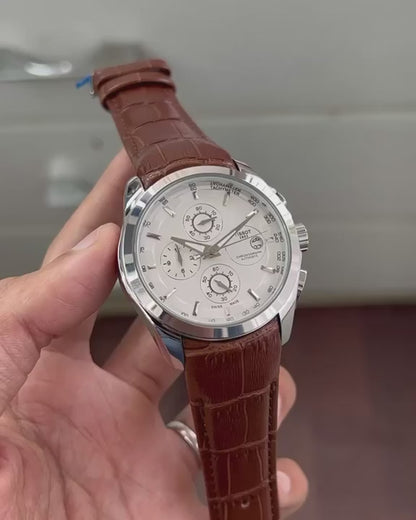 Tisso Leather Regular Silver Body white dial brown belt