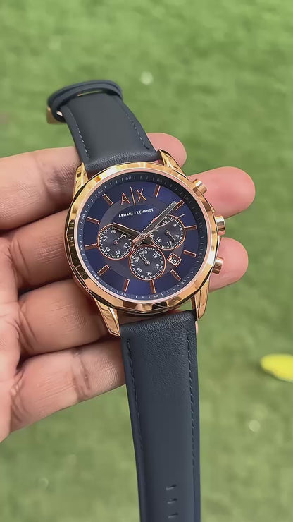 A-X ROSE GOLD BODY BLUE BELT CHRONOGRAPH LEATHER WATCH
