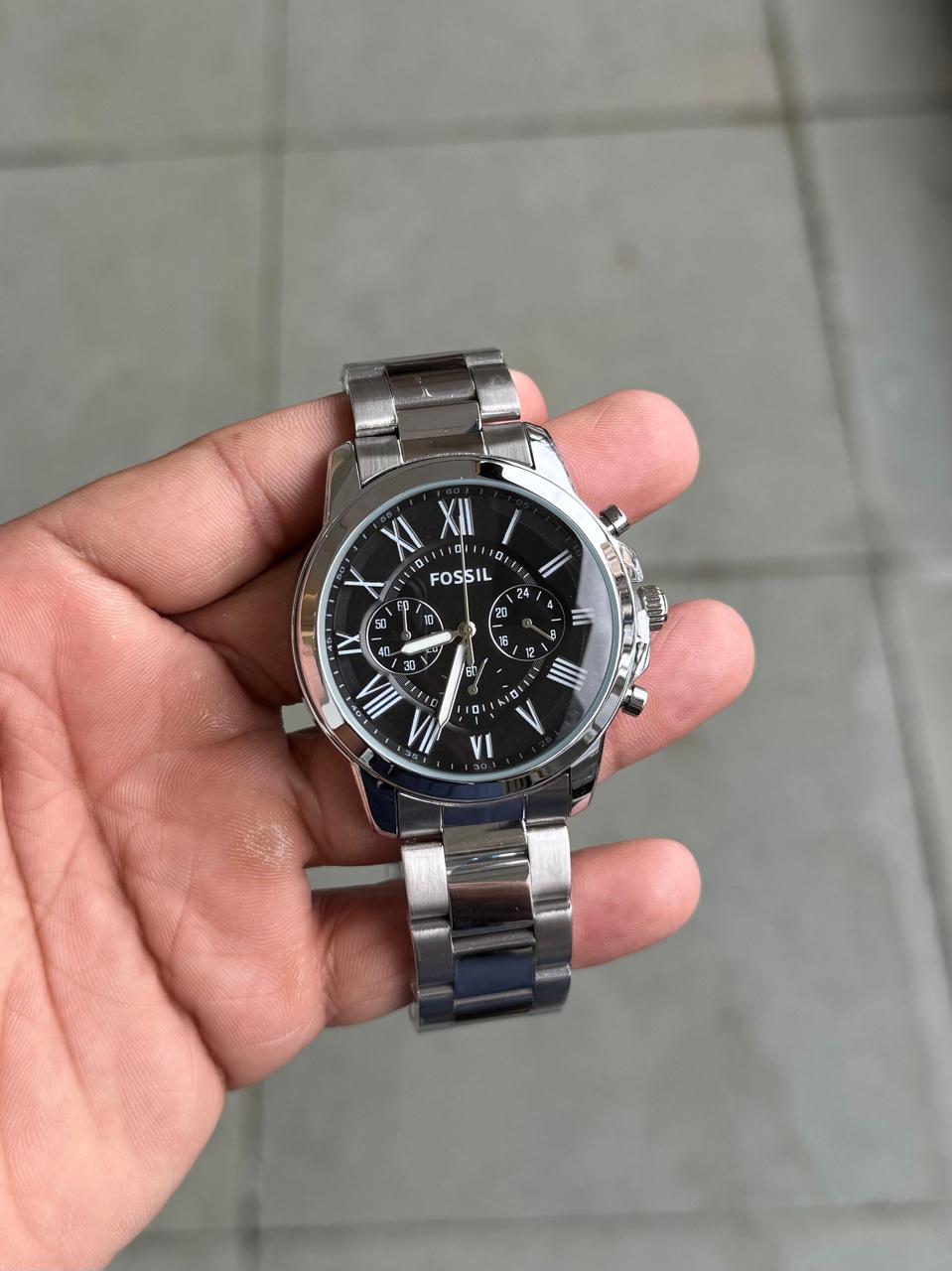 Fos Roman Dial Silver  Black Chain  Watch ( Battery Operated )