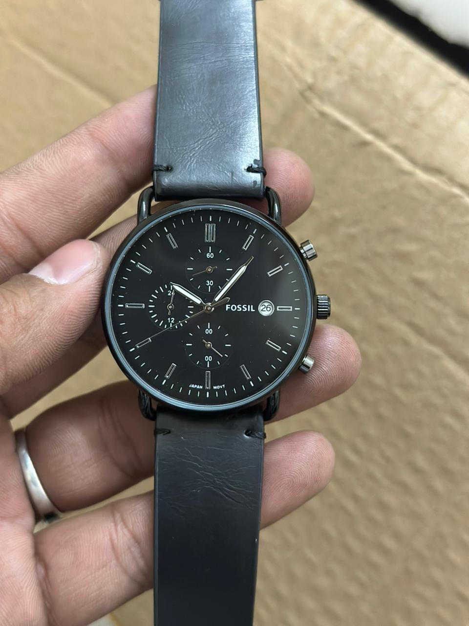 Fos Comuter Full Black Leather Belt Chronograph watch