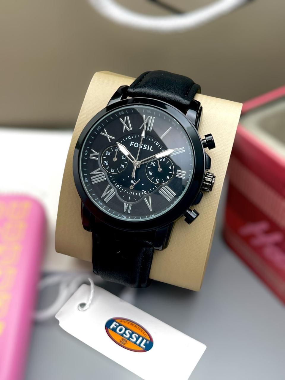 Fos Roman Dial Full Black Leather Watch ( Battery Operated )