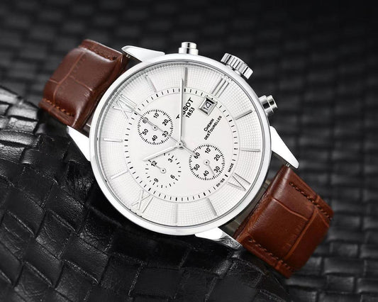 TISSO Brown LEATHER BELT ROMAN White   DIAL CHRONOGRAPH WATCH
