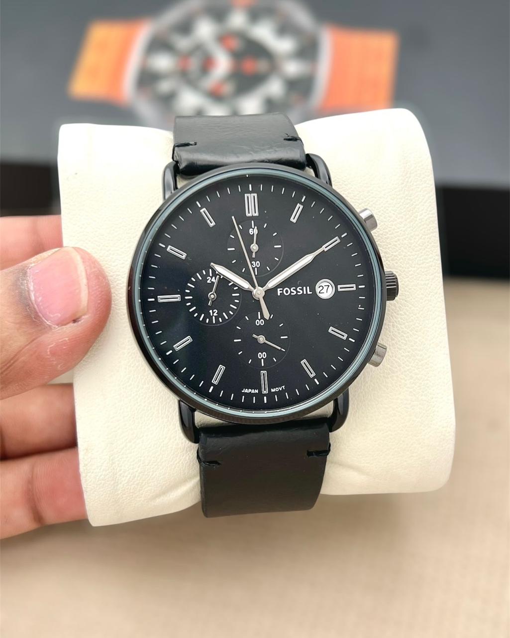 Fos Comuter Full Black Leather Belt Chronograph watch