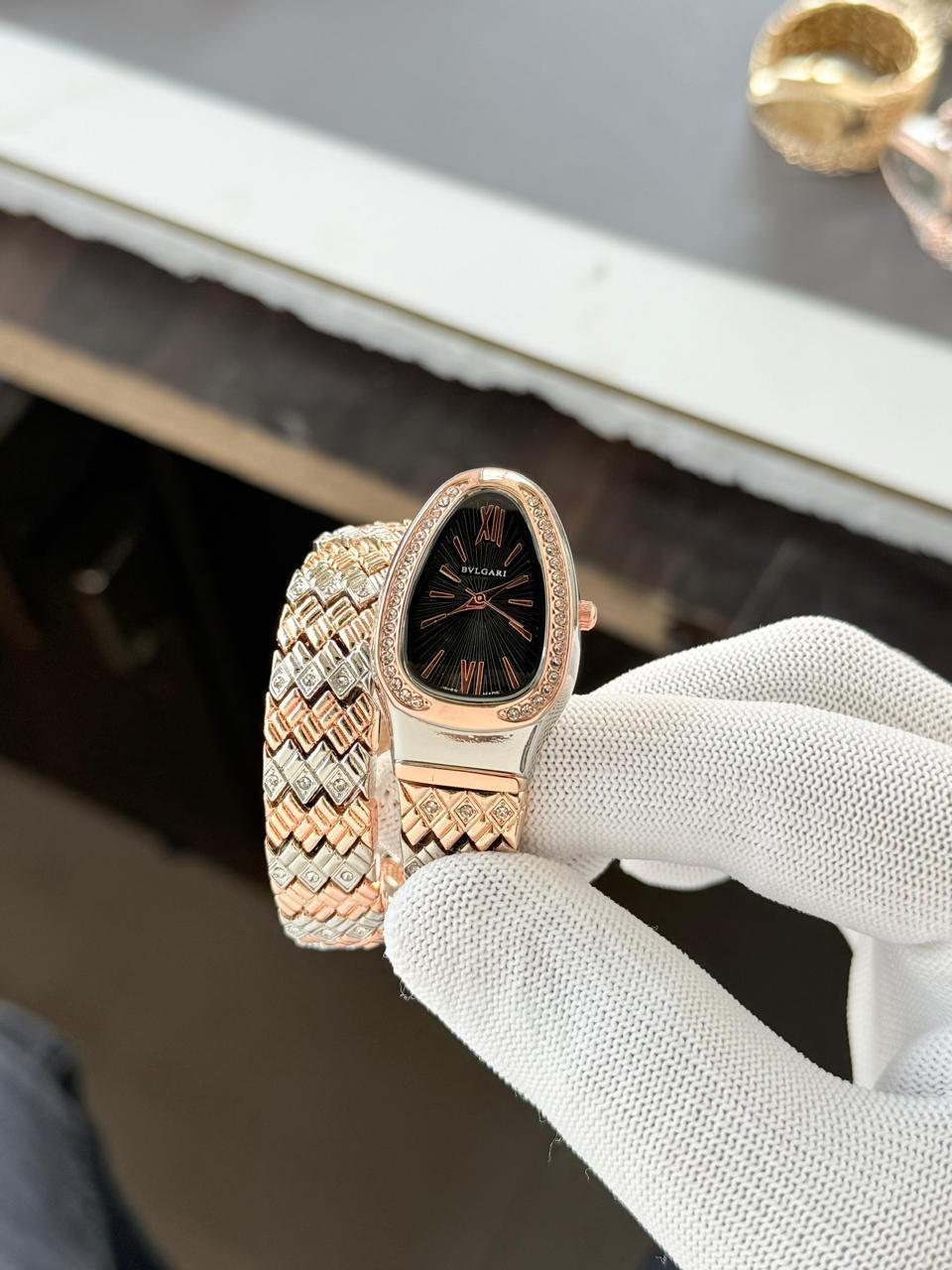 Bulgari Snake Diamond Belt 
Two tone rose black Dial Womens Watch