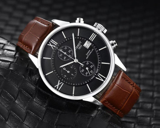 TISSO Brown LEATHER BELT ROMAN Black    DIAL CHRONOGRAPH WATCH