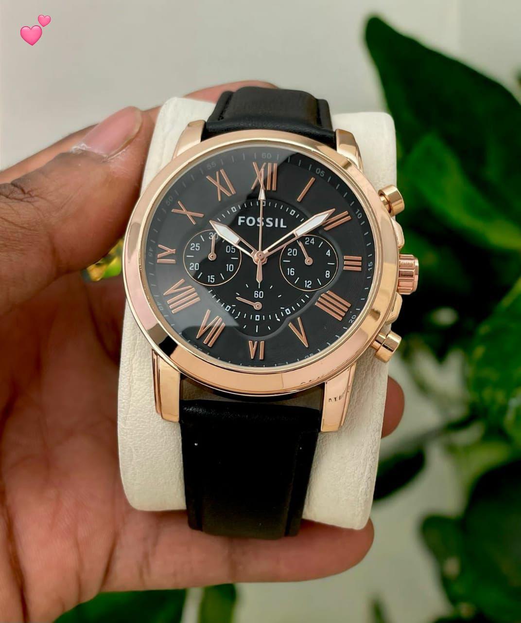 Fos Roman Dial Rose Black Leather Watch ( Battery Operated )