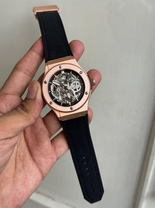 HUBLO FULLY AUTOMATIC ROSE GOLD BLACK BELT WATCH