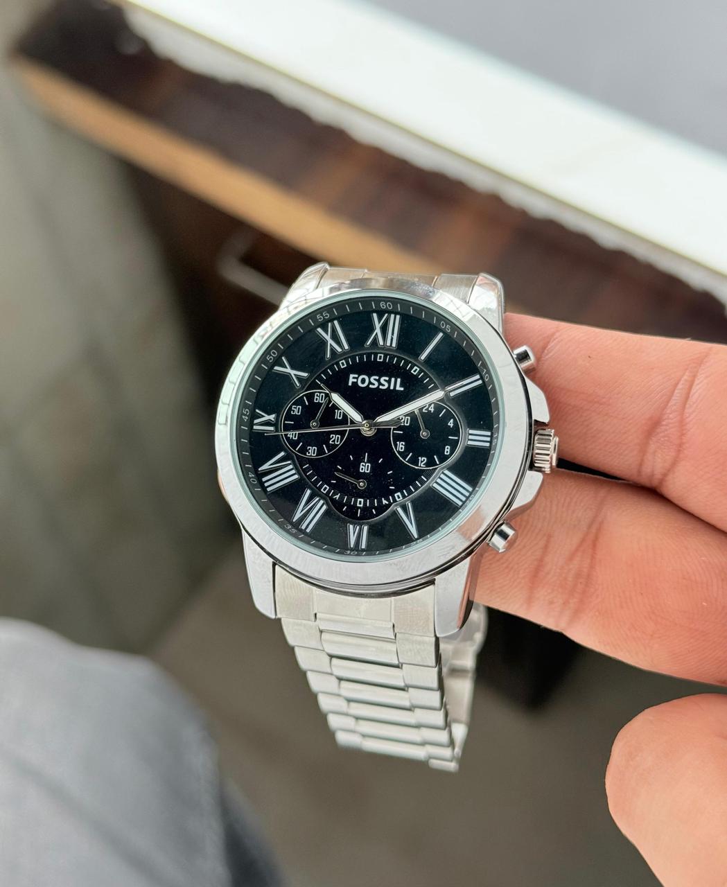 Fos Roman Dial Silver  Black Chain  Watch ( Battery Operated )