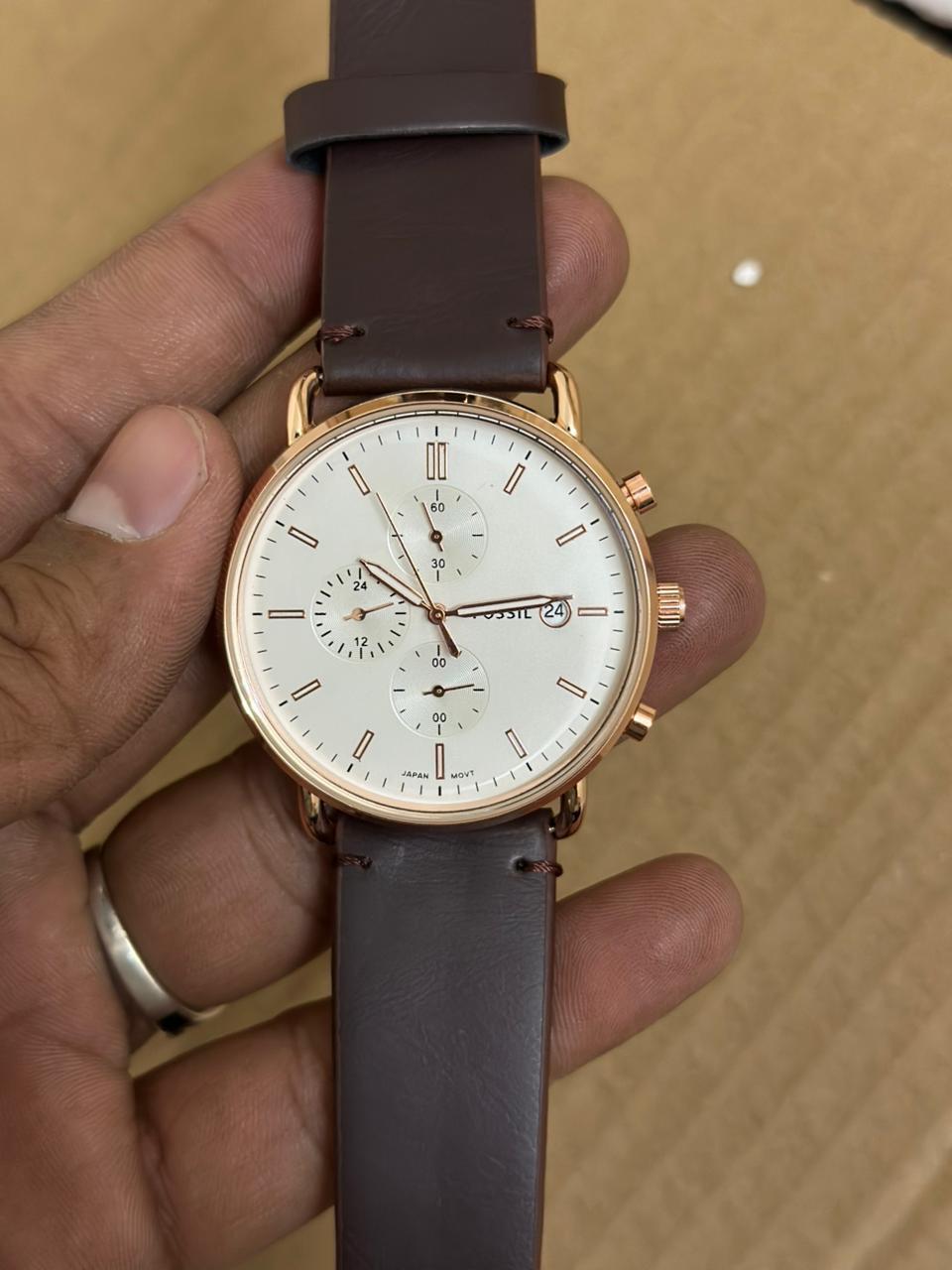 Fos Comuter Rose gold dial Brown Leather Belt Chronograph watch