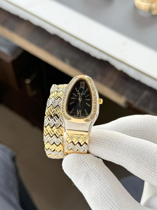 Bulgari Snake Diamond Belt 
Two tone gold black Dial Womens Watch