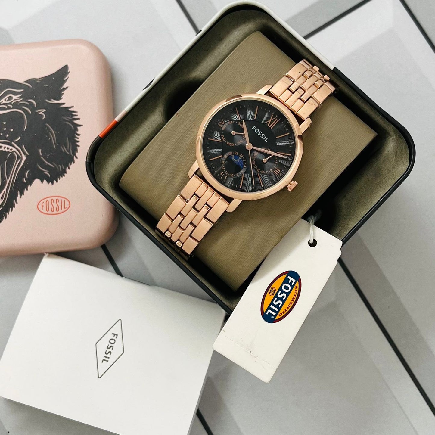 Fos Girls Roman Black  dial rose  Gold belt Womens Watch