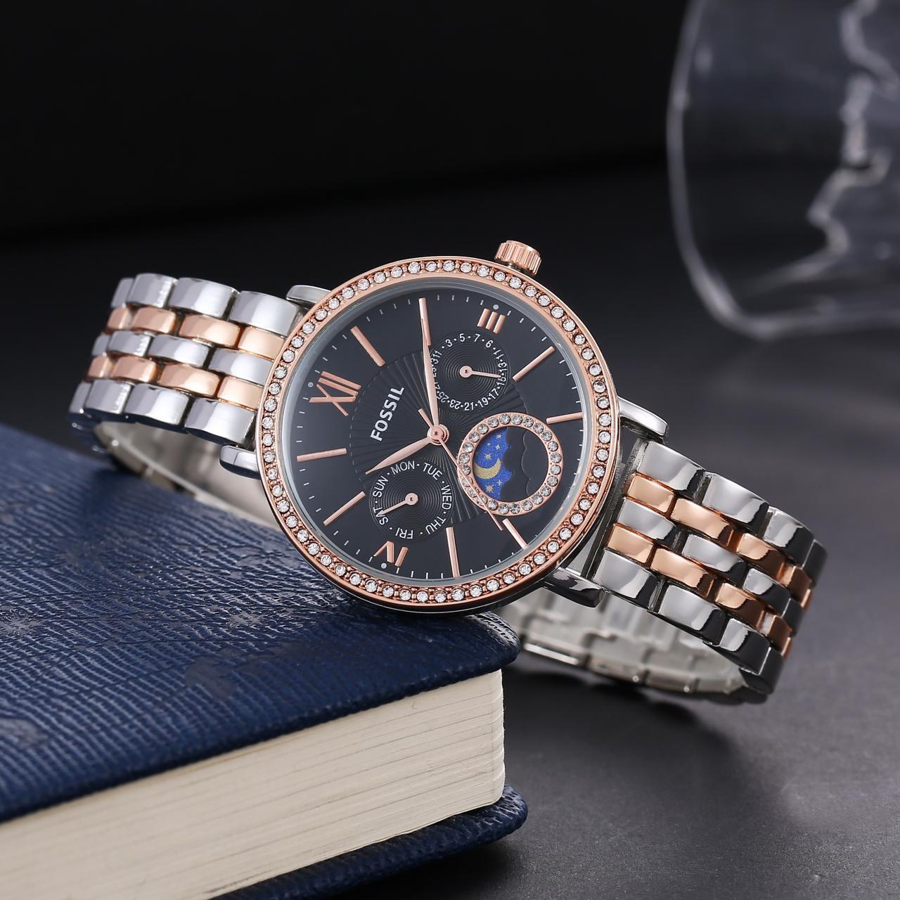 Fos Girls Roman Two Tone Black Dial Diamond