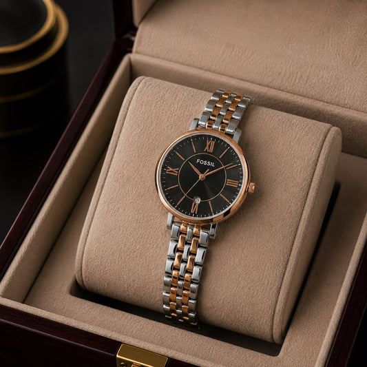 Foss Girls Roman Date Model Two Tone Black Dial Womens Watch
