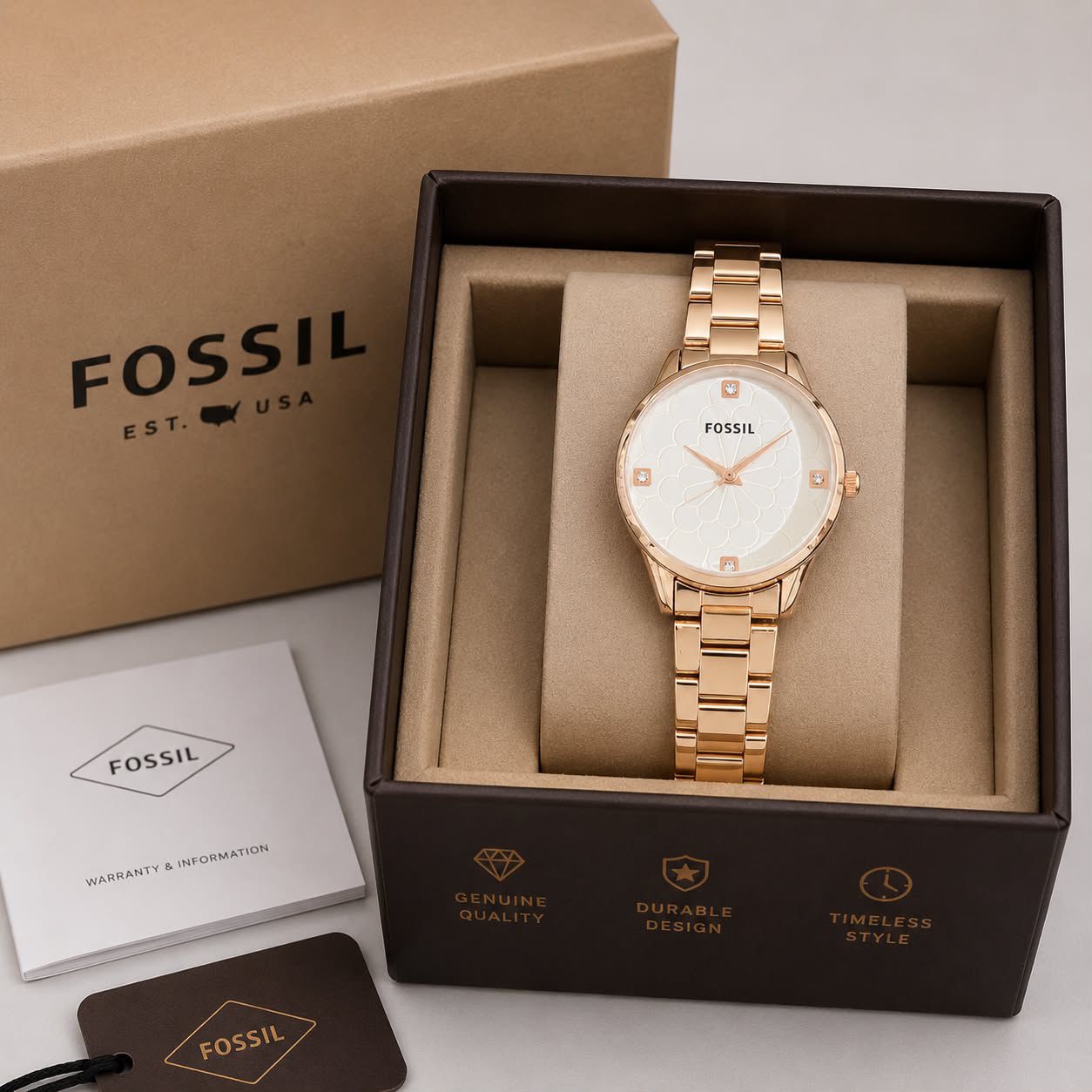 Fos Girls New Model  full rose gold belt white  dial watch