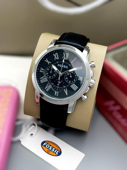 Fos Roman Dial Silver Black Leather Belt Watch ( Battery Operated )