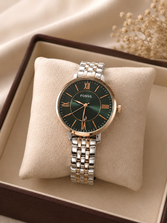 Foss Girls Roman Date Model Two Tone Green Dial Womens Watch