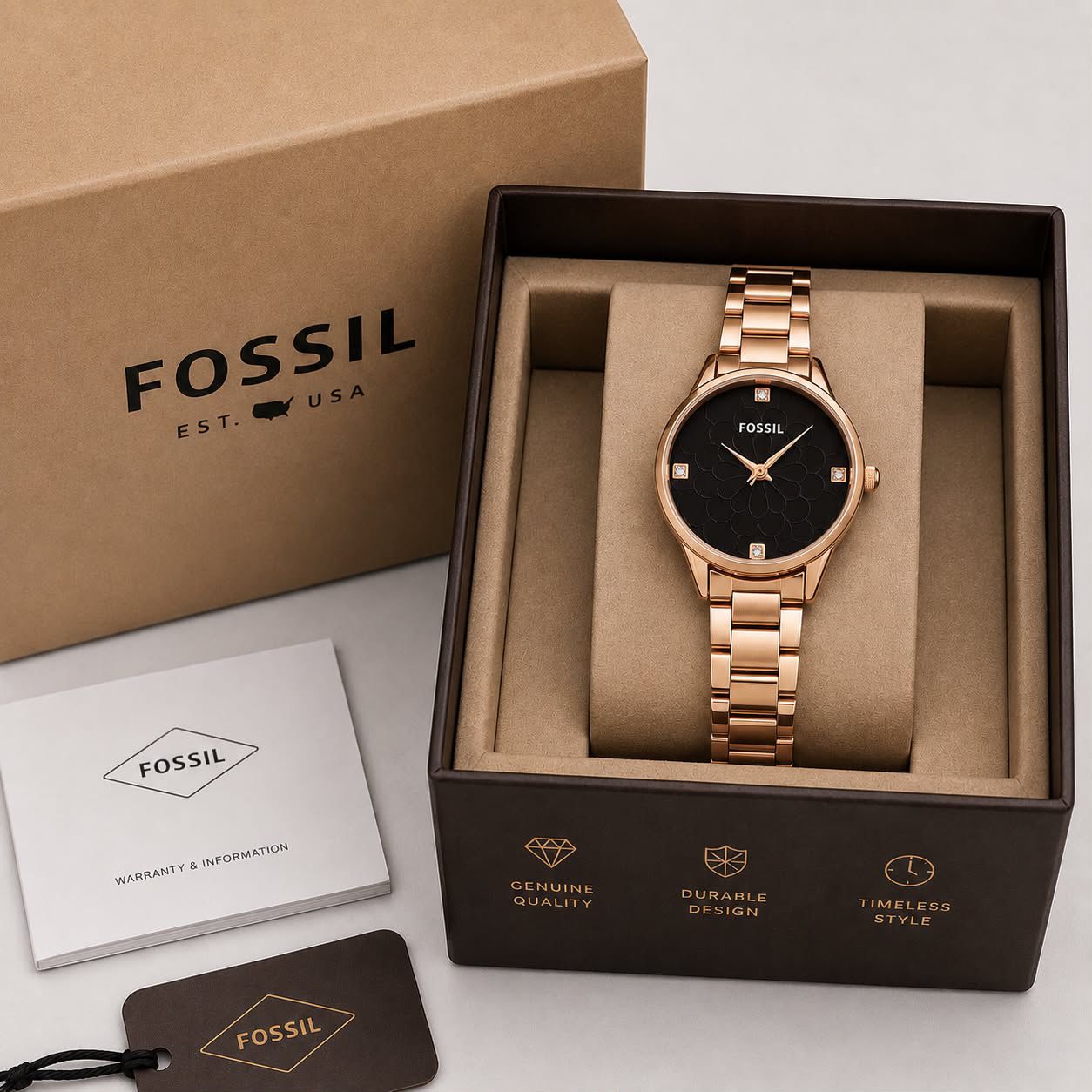 Fos Girls New Model  full rose gold belt black  dial watch