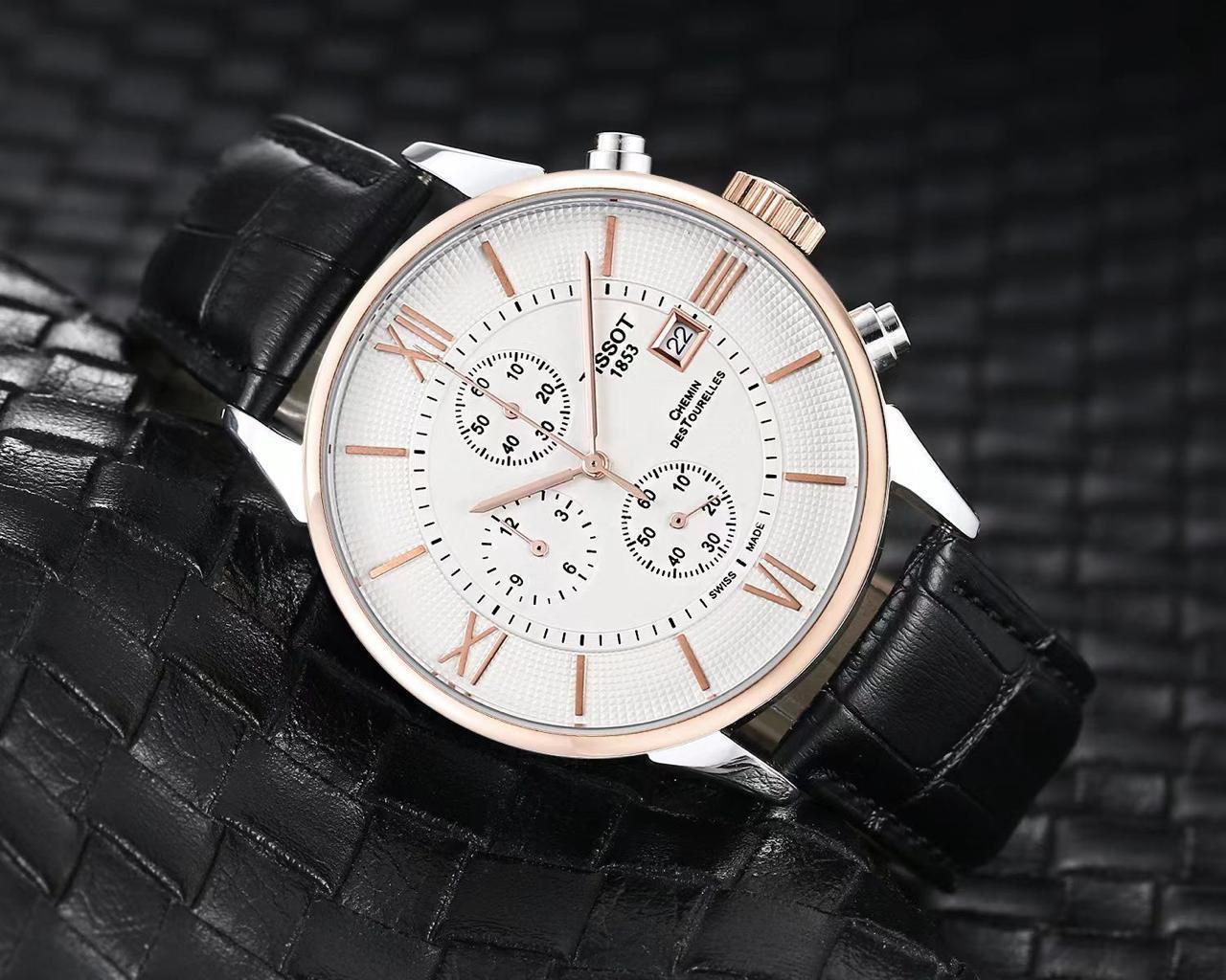 TISSO Black LEATHER BELT ROMAN two tone White   DIAL CHRONOGRAPH WATCH