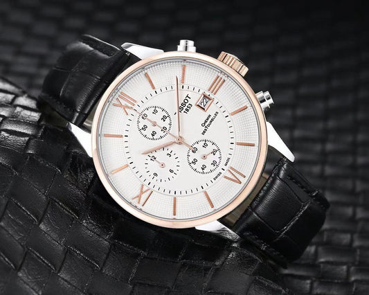 TISSO Black LEATHER BELT ROMAN two tone White   DIAL CHRONOGRAPH WATCH