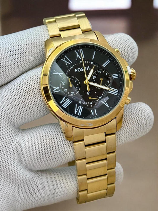 Fos Roman Dial Gold Black Watch ( Battery Operated )