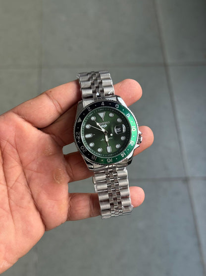 Seko Gmt Silver Green Watch 
( Battery Operated Looks Like Automatic )